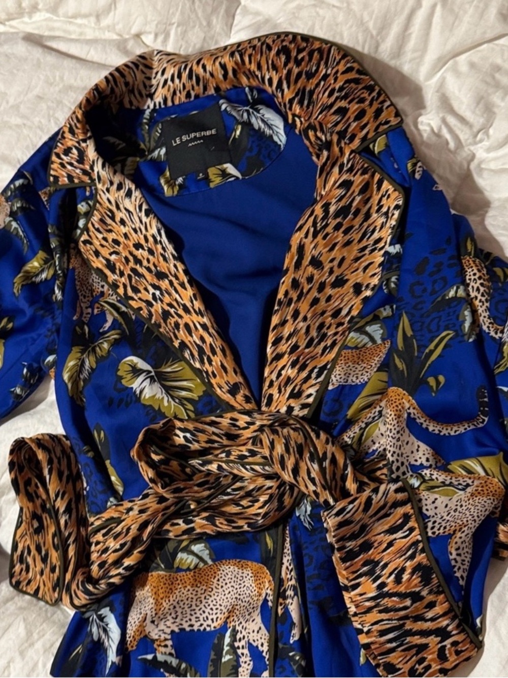 Le Superbe Blue Leopard Print Wrap Dress with Animal Accent size 0